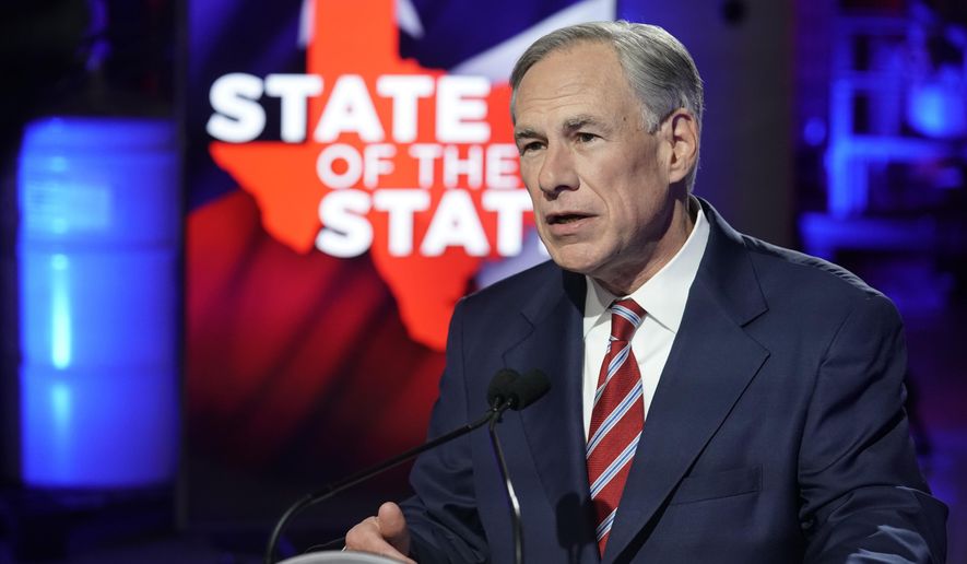 Texas Gov. Greg Abbott prepares to deliver his State of the State speech at Visionary Fiber Technologies, for the first time outside the Capitol, Monday, Feb. 1, 2021, in Lockhart, Texas. (Bob Daemmrich/Pool Photo via AP)