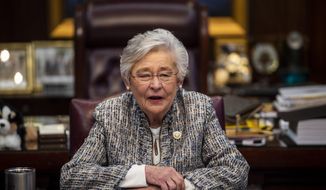 Alabama Gov. Kay Ivey holds a sit down interview with reporters in the Governor&#39;s office at the Alabama State Capitol Building in Montgomery, Ala., on Wednesday, Feb. 3, 2021. (Jake Crandall/The Montgomery Advertiser via AP)