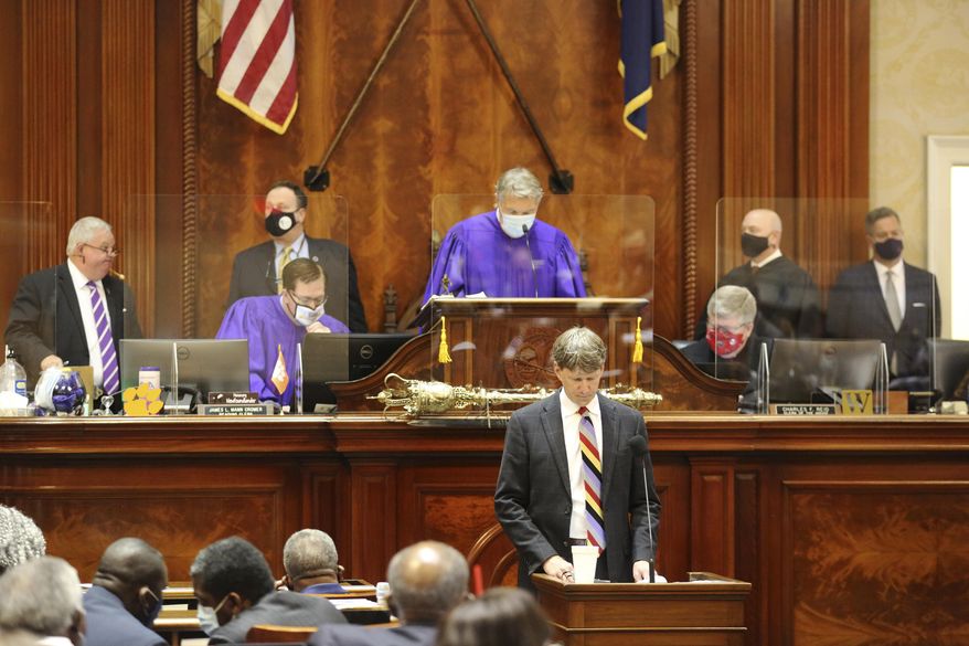 South Carolina Sen. Luke Rankin speaks from the well as House Speaker Jay Lucas, Senate President Harvey Peeler and others look on during judicial elections in the South Carolina House chambers on Wednesday, Feb. 3, 2021, in Columbia, S.C. The House and Senate were meeting in joint session. (AP Photo/Jeffrey Collins)