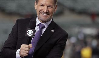 FILE - In this Thursday, Oct. 19, 2017 file photo, NFL broadcaster Bill Cowher speaks on set before an NFL football game between the Oakland Raiders and the Kansas City Chiefs in Oakland, Calif.  Next to seeing the Pittsburgh Steelers get back to the Super Bowl, Sunday’s matchup has many personal ties for CBS “The NFL Today” analyst Bill Cowher. The Hall of Fame coach had Tampa Bay coach Bruce Arians on his staff in Pittsburgh and was the defensive coordinator with the Kansas City Chiefs for three seasons.(AP Photo/Marcio Jose Sanchez, File)