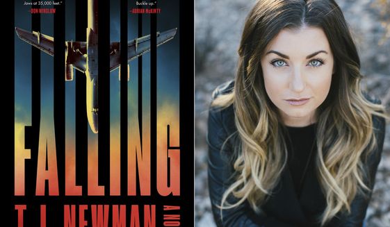 This combination of photos shows the cover of &amp;quot;Falling,&amp;quot; a novel by T.J. Newman, left, and a portrait of Newman. A former bookseller and flight attendant who conjured fictional nightmares during breaks on cross country red-eyes has a 7-figure deal for two novels. The Simon &amp;amp; Schuster imprint Avid Reader announced Thursday that Newman’s first book, the thriller “Falling,” comes out in July. (Avid Reader Press, left, and Melissa Young via AP)