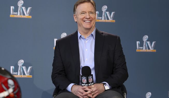 NFL football commissioner Roger Goodell speaks at a press conference ahead of Super Bowl 55, Thursday, Feb. 4, 2021, in Tampa, Fla. (Perry Knotts/NFL via AP)