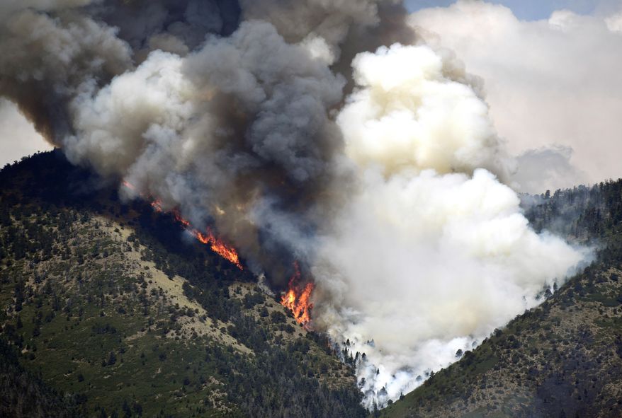 FILE - In this July 8, 2018 file photo, a wildfire burns up a steep canyon near La Veta, Colo. With no viable option remaining for trying a mentally ill Danish man accused of starting the large Colorado wildfire in 2018, a judge said Thursday, Feb. 4, 2021, he will rule next week on whether to dismiss criminal charges against him. (Helen H. Richardson/The Denver Post via AP, File) sca