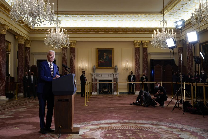 FILE - In this Feb. 4, 2021, file photo, President Joe Biden speaks about foreign policy, at the State Department in Washington. Biden's announcement that the U.S. will end its support of a Saudi-led coalition's years-long war against Yemen's Houthi rebels likely will increase pressure on the kingdom to end its campaign there, though reaching an enduring peace for the Arab world's poorest country still remains in question. (AP Photo/Evan Vucci, File)