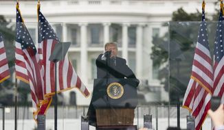 In this Jan. 6, 2021, file photo President Donald Trump speaks during a rally protesting the electoral college certification of Joe Biden as President in Washington. Arguments begin Tuesday, Feb. 9, in the impeachment trial of Donald Trump on allegations that he incited the violent mob that stormed the U.S. Capitol on Jan. 6. (AP Photo/Evan Vucci, File)  **FILE**