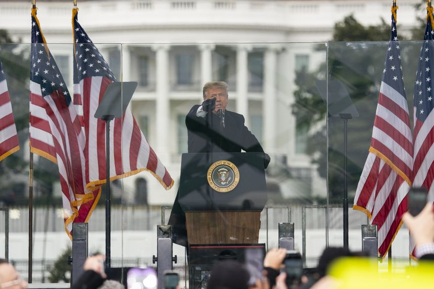 In this Jan. 6, 2021, file photo President Donald Trump speaks during a rally protesting the electoral college certification of Joe Biden as President in Washington. Arguments begin Tuesday, Feb. 9, in the impeachment trial of Donald Trump on allegations that he incited the violent mob that stormed the U.S. Capitol on Jan. 6. (AP Photo/Evan Vucci, File)  **FILE**