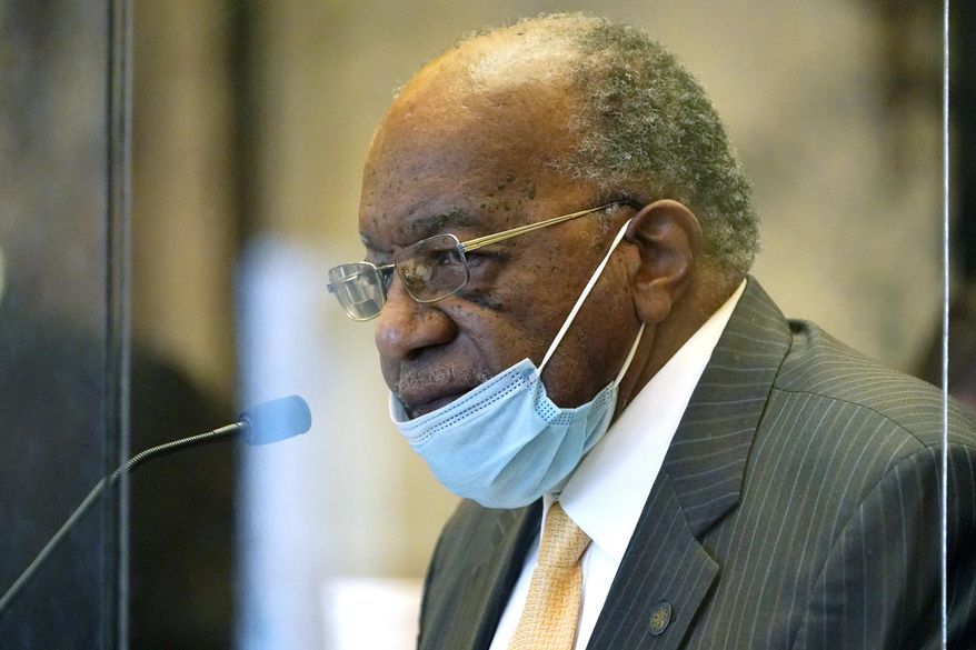 Sen. David Jordan, D-Greenwood, presents a bill for consideration the Capitol in Jackson, Miss., Thursday, Feb. 4, 2021. Legislators continue to debate the long lists of bills that survived the first big deadline of the session. (AP Photo/Rogelio V. Solis)