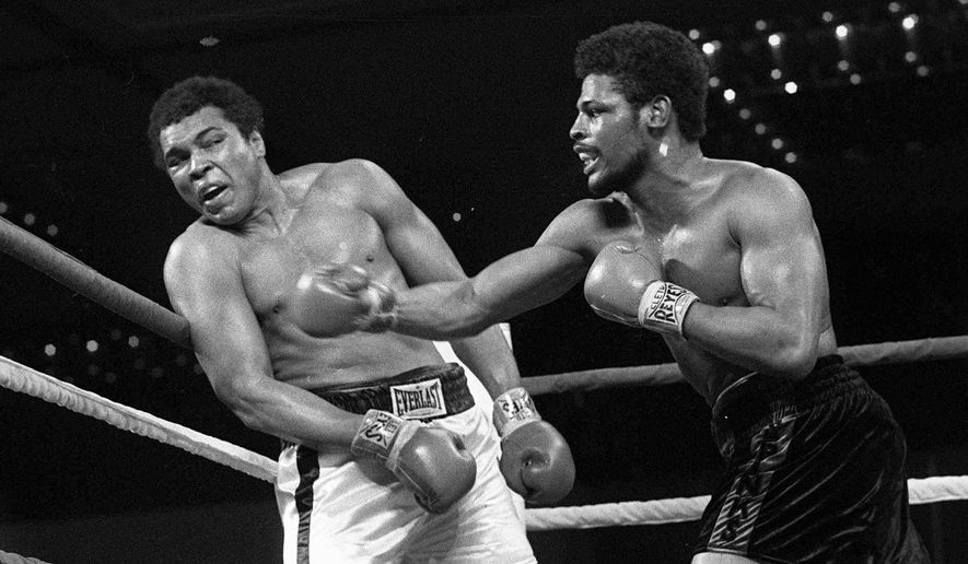 FILE - In this Feb. 15, 1978, file photo, Leon Spinks, right, connects with a right hook to Muhammad Ali, during the late rounds of their championship fight in Las Vegas. Former heavyweight champion Leon Spinks Jr. died Friday night, Feb. 5, 2021, after battling prostate and other cancers. He was 67. (AP Photo/File)