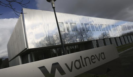 The French vaccine startup Valneva headquarters is pictured in Saint-Herblain, western France, Wednesday, Feb. 3, 2021. French pharmaceutical startup Valneva had big news in September: a government contract for 60 million doses of its coronavirus vaccine candidate. The buyer? The United Kingdom — not the European Union, as might be expected for a company on the banks of the Loire. (AP Photo/David Vincent)