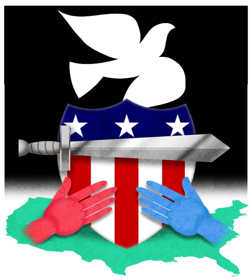 Illustration on peace through strength as a meeting point for right and left by Alexander Hunter/The Washington Times