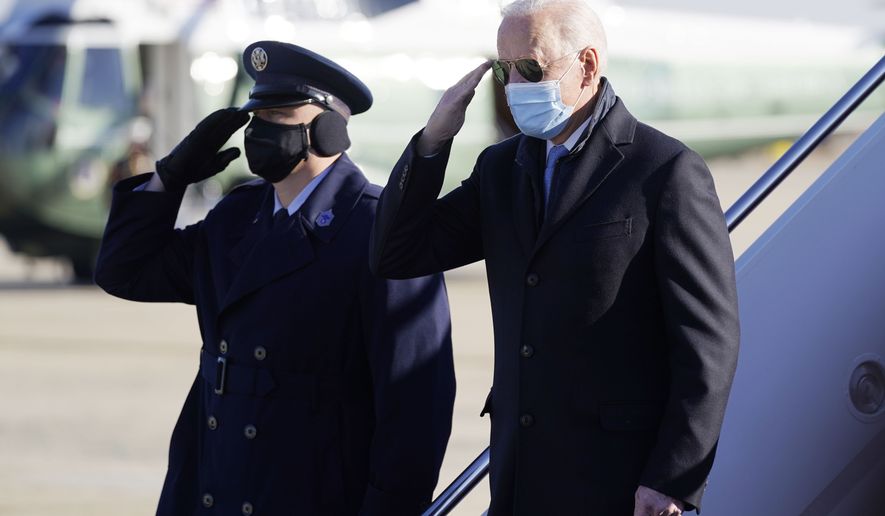 President Joe Biden steps off Air Force One at Andrews Air Force Base, Md., Monday, Feb. 8, 2021. Biden is returning to Washington after spending the weekend at his home in Delaware. (AP Photo/Patrick Semansky) **FILE**