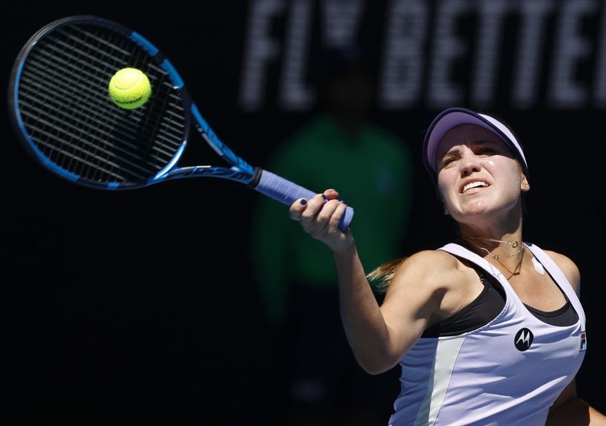 United States' Sofia Kenin makes a forehand return to Australia's Maddison Inglis during their first round match at the Australian Open tennis championship in Melbourne, Australia, Tuesday, Feb. 9, 2021.(AP Photo/Rick Rycroft)