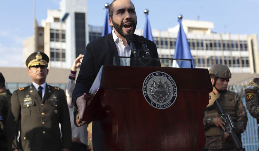FILE - In this Feb. 9, 2020 file photo, El Salvador&#39;s President Nayib Bukele, accompanied by members of the armed forces, speaks to supporters outside Congress in San Salvador, El Salvador. The Biden administration turned down a meeting request with El Salvador&#39;s president on an unannounced trip to Washington on the first week of Feb. 2021. (AP Photo/Salvador Melendez, File)