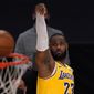 Los Angeles Lakers forward LeBron James shoots during the first half of an NBA basketball game against the Oklahoma City Thunder Monday, Feb. 8, 2021, in Los Angeles. (AP Photo/Mark J. Terrill) **FILE**