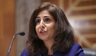 Neera Tanden testifies before the Senate Homeland Security and Government Affairs Committee on her nomination to become the Director of the Office of Management and Budget (OMB), during a hearing Tuesday, Feb. 9, 2021 on Capitol Hill in Washington. (Leigh Vogel/Pool via AP)