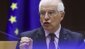 European Union foreign policy chief Josep Borrell speaks during a debate, regarding his recent trip to Russia, during a plenary session at the European Parliament in Brussels, Tuesday, Feb. 9, 2021. (Olivier Hoslet, Pool via AP)