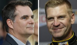 FILE - At left is a 2019 file photo showing Jeff Gordon. At right is a 2020 file photo showing Clint Bowyer. Nearly nine years after the four-time champion and the funniest guy in the garage were involved in one of the most infamous on-track paybacks in NASCAR history, the former rivals are now good friends and eager to share the Fox broadcast booth in 2021. (AP Photo/File)