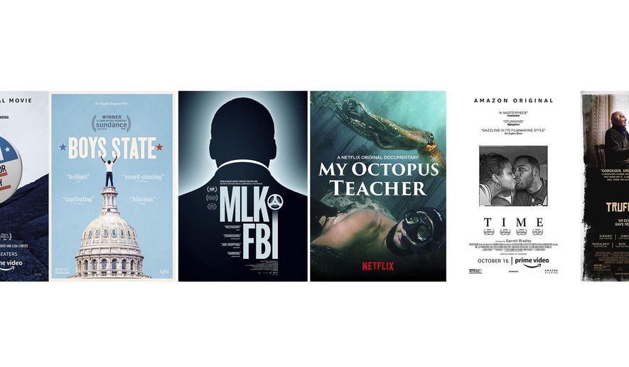 This combination of photos shows poster art for documentaries, from left, "All In: The Fight for Democracy," "Boys State," "MLK/FBI," "My Octopus Teacher," "Time" and "The Truffle Hunters," which are among the 15 films advancing in the Documentary Feature category for the 93rd Academy Awards. (Amazon/Apple TV+/IFC Films/Netflix/Amazon/Sony Pictures Classics via AP)