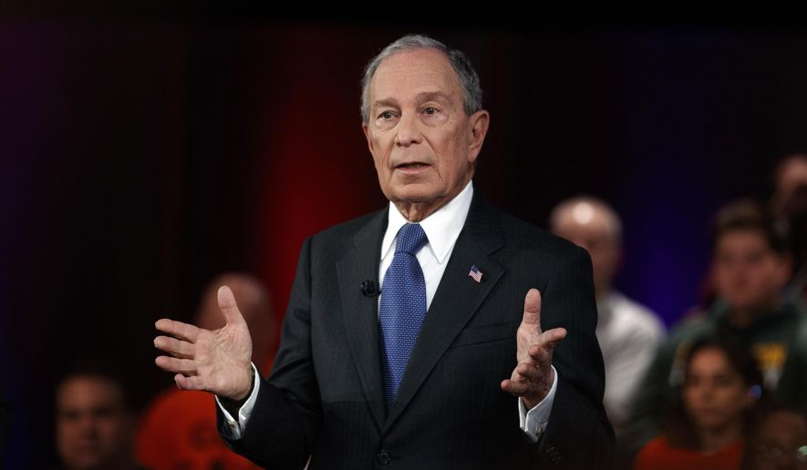 In this March 2, 2020, file photo, then-Democratic presidential candidate and former New York City Mayor Mike Bloomberg speaks during a FOX News Channel Town Hall in Manassas, Va. (AP Photo/Carolyn Kaster, File)