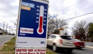 The United Way of Bristol TN/VA displays a sign in Bristol, Va., showing how much money it has raised Tuesday, Dec. 8, 2020, for its annual fundraising goal for 2020. This year&#39;s goal is $1,000,000 and due to the ongoing pandemic, the agency is only at about 50% of their goal. (David Crigger/Bristol Herald Courier via AP)