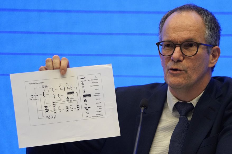 Peter Ben Embarek, of the World Health Organization team holds up a chart showing pathways of transmission of the virus during a joint press conference held at the end of the WHO mission in Wuhan in central China&#x27;s Hubei province on Tuesday, Feb. 9, 2021. (AP Photo/Ng Han Guan)