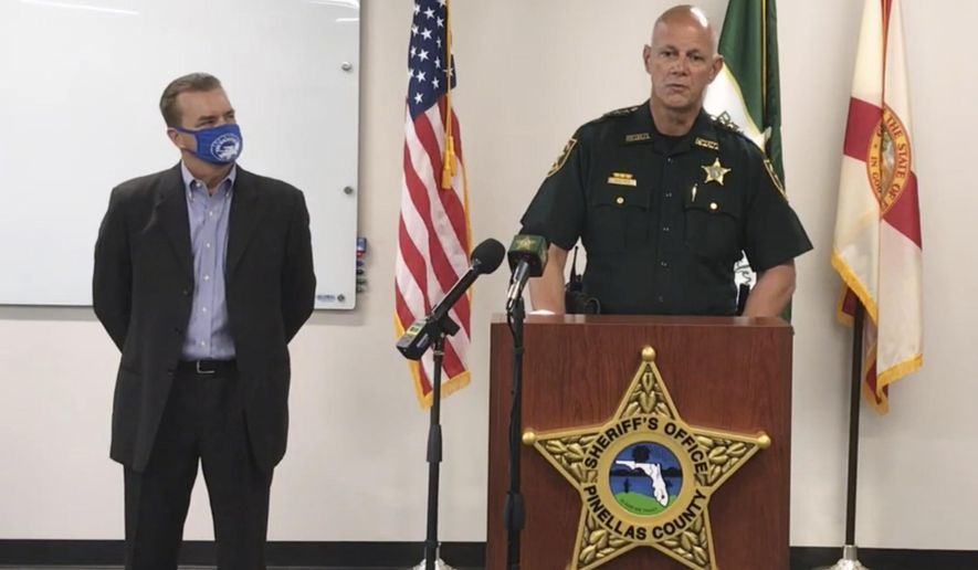 In this screen shot from a YouTube video posted by the Pinellas County Sheriff&#39;s Office, Pinellas County Sheriff Bob Gualtieri speaks during a news conference as Oldsmar, Fla., Mayor Eric Seidel, left, listens, Monday, Feb. 8, 2021, in Oldsmar, Fla. Authorities say a hacker gained access to Oldsmar&#39;s water treatment plant in an unsuccessful attempt to taint the water supply with a caustic chemical. (Pinellas County Sheriff&#39;s Office via AP)
