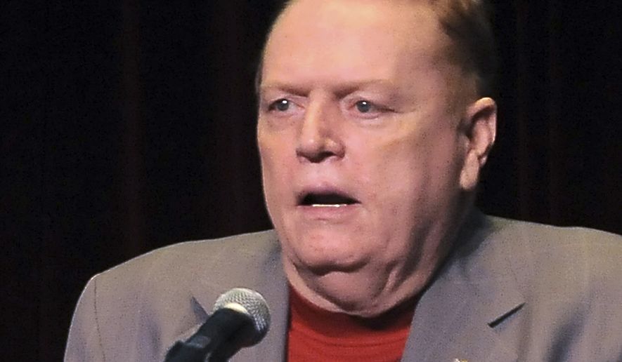 Larry Flynt speaks in Los Angeles, Calif. Flynt is offering &quot;up to $10 million&quot; to anyone who produces information that leads to President Donald Trump&#39;s impeachment and removal from office. He lays out the offer in a full-page ad in the Sunday edition of The Washington Post. (AP Photo/Katy Winn, file)