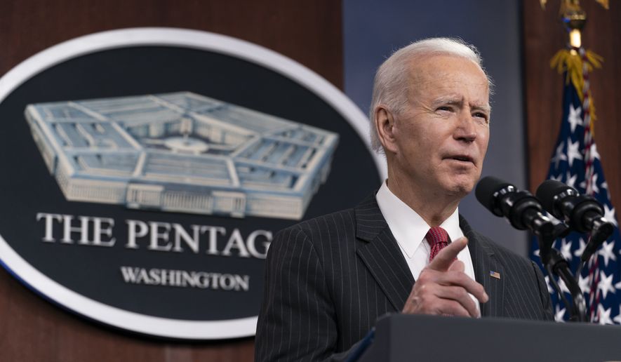 President Joe Biden speaks at the Pentagon, Wednesday, Feb. 10, 2021, in Washington. (AP Photo/Alex Brandon, Pool)