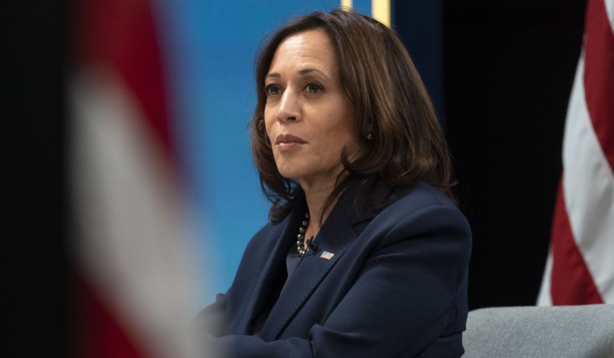 Vice President Kamala Harris attends a virtual meeting with mayors from the African American Mayors Association, Wednesday, Feb. 10, 2021, from the South Court Auditorium on the White House complex. (AP Photo/Jacquelyn Martin)