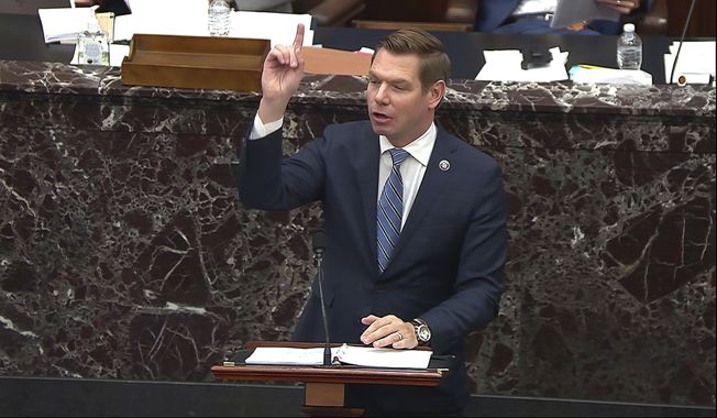 In this image from video, House impeachment manager Rep. Eric Swalwell, D-Calif., speaks during the second impeachment trial of former President Donald Trump in the Senate at the U.S. Capitol in Washington, Wednesday, Feb. 10, 2021. (Senate Television via AP) ** FILE **