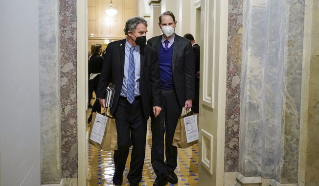 Sen. Sherrod Brown, D-Ohio, and Sen. Ron Wyden, D-Ore., walk the halls during a break in the second impeachment trial of former President Donald Trump at the Capitol on Wednesday, Feb. 10, 2021. (Joshua Roberts/Pool via AP) **FILE**
