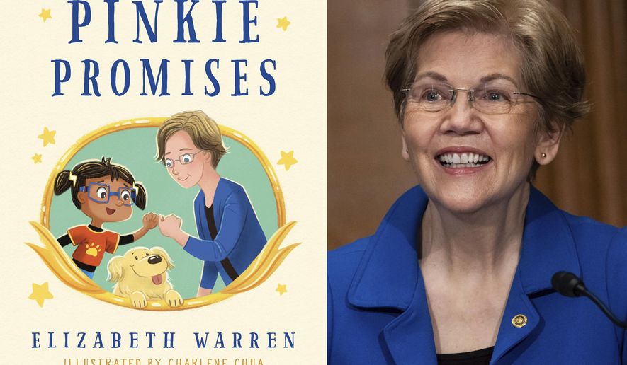 This combination photo shows cover art for &amp;quot;Pinkie Promises,&amp;quot; by Elizabeth Warren and illustrations by Charlene Chua, left, and Sen. Elizabeth Warren, D-Mass., during a Senate Health, Education, Labor and Pensions Committee hearing on Capitol Hill in Washington on Feb. 4, 2021. (Godwin Books via AP, left, and Graeme Jennings/Pool via AP)