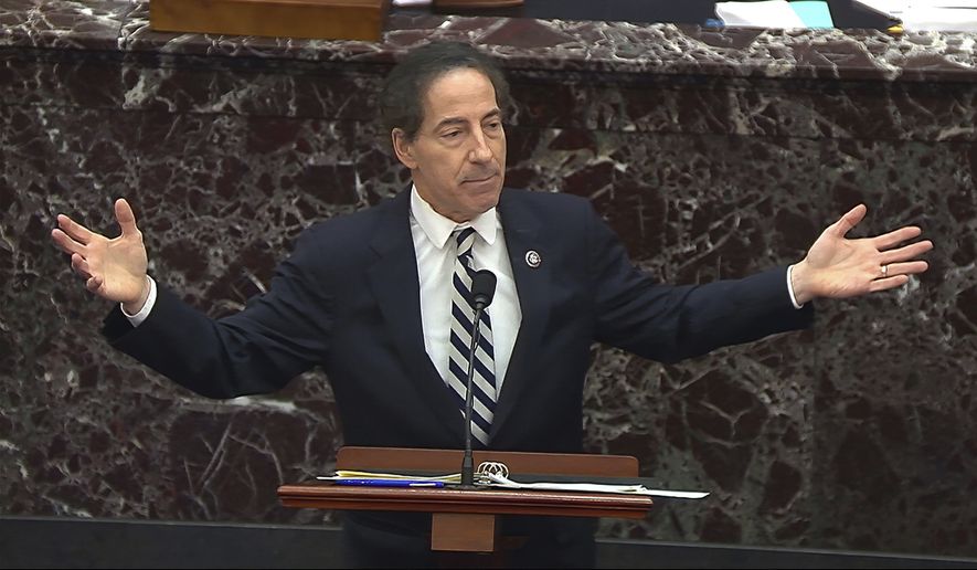 In this image from video, House impeachment manager Rep. Jamie Raskin, D-Md., speaks during the second impeachment trial of former President Donald Trump in the Senate at the U.S. Capitol in Washington, Thursday, Feb. 11, 2021. (Senate Television via AP)