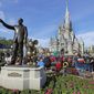 FILE - In this Jan. 9, 2019, file photo, guests watch a show near a statue of Walt Disney and Micky Mouse in front of the Cinderella Castle at the Magic Kingdom at Walt Disney World in Lake Buena Vista, Fla. The Walt Disney Co.&#39;s net income fell sharply in its most-recent quarter, as the coronavirus pandemic still weighs heavily on many of its businesses, from theme parks to movies, the company announced Thursday, Feb. 11, 2021. (AP Photo/John Raoux, File)