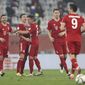 Bayern&#39;s Benjamin Pavard, second left, celebrates after scoring his side&#39;s opening goal during the Club World Cup final soccer match between FC Bayern Munich and Tigres at the Education City stadium in Al Rayyan, Qatar, Thursday, Feb. 11, 2021. (AP Photo)