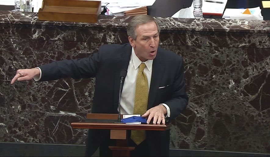 In this image from video, Michael van der Veen, an attorney for former President Donald Trump, talks as he answers a question from Sen. Josh Hawley, R-Mo., and Sen. Kevin Cramer, R-N.D., during the second impeachment trial of former President Donald Trump in the Senate at the U.S. Capitol in Washington, Friday, Feb. 12, 2021. (Senate Television via AP)