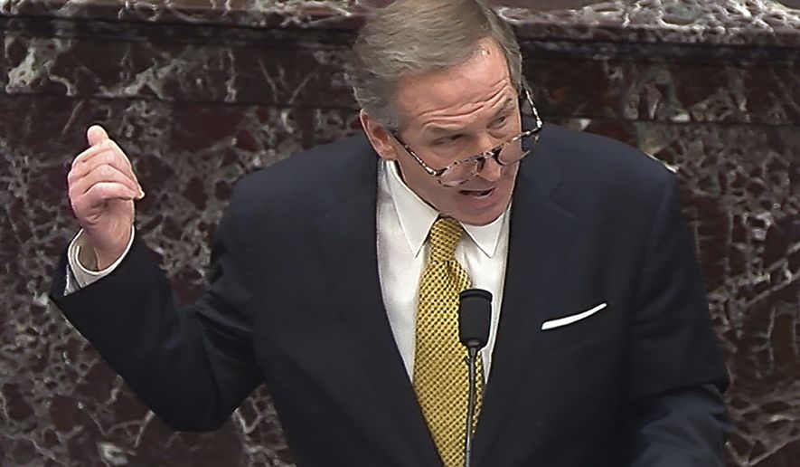 In this image from video, Michael van der Veen, an attorney for former President Donald Trump, speaks during the second impeachment trial of Trump in the Senate at the U.S. Capitol in Washington, Friday, Feb. 12, 2021. (Senate Television via AP)