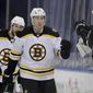 Boston Bruins&#39; Nick Ritchie (21) celebrates his goal with teammates on the bench in the second period of an NHL hockey game against the New York Rangers, Friday, Feb. 12, 2021, in New York. (Elsa/Pool Photo via AP)