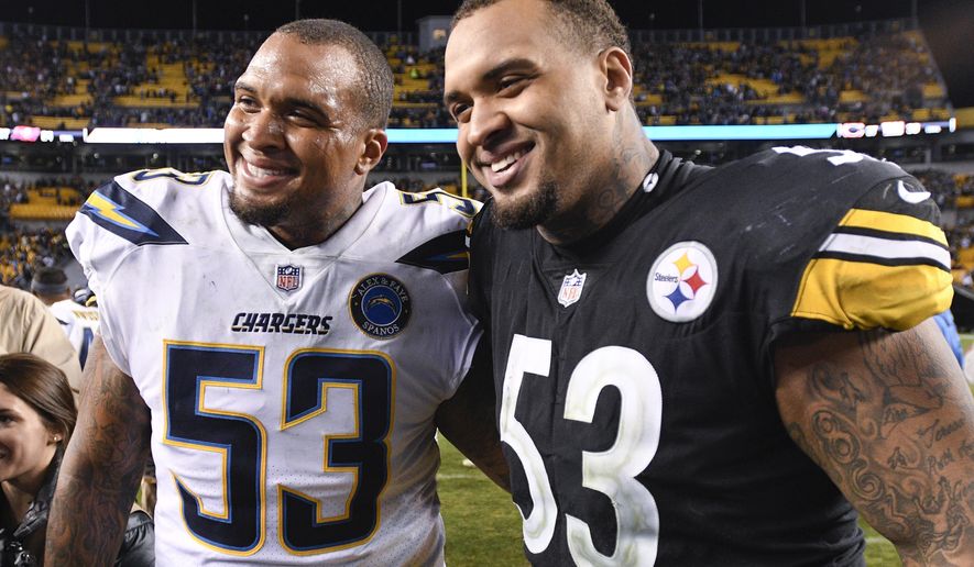 FILE - In this Dec. 2, 2018, file photo, Pittsburgh Steelers center Maurkice Pouncey, right, and his brother, Los Angeles Chargers center Mike Pouncey pose after playing against each other in an NFL football game in Pittsburgh. The twin brothers announced their retirement from professional football on Friday, Feb. 12, 2021. (AP Photo/Don Wright, File)