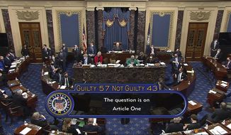 In this image from video, the final vote total of 57-43, to acquit former President Donald Trump of the impeachment charge, incitement of insurrection, in the Senate at the U.S. Capitol in Washington, Saturday, Feb. 13, 2021. (Senate Television via AP)