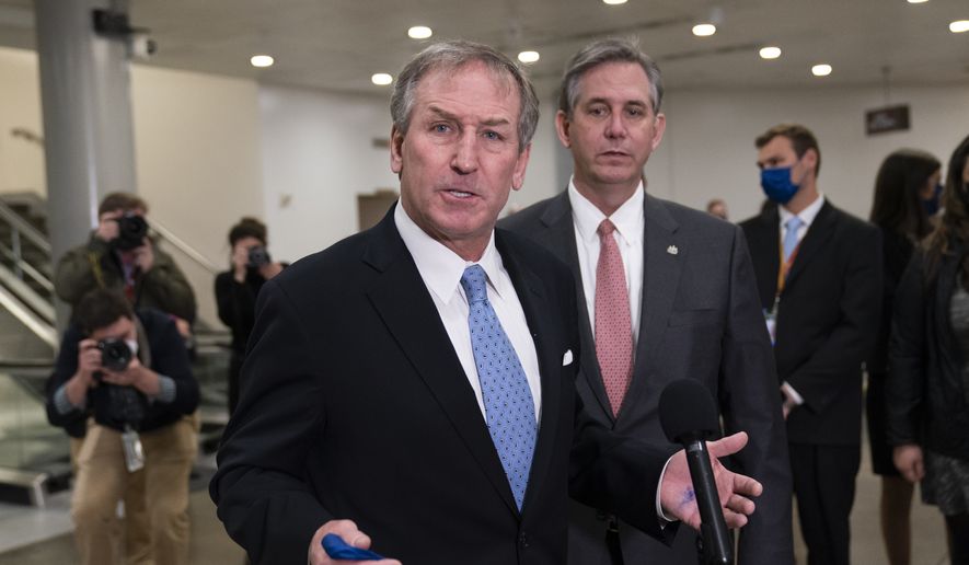 Michael van der Veen, left and Bruce Castor, attorneys from former President Donald Trump, speak with reporters on Capitol Hill after the Senate acquitted Trump in his second impeachment trial in the Senate at the U.S. Capitol in Washington, Saturday, Feb. 13, 2021. Trump was accused of inciting the Jan. 6 attack on the U.S. Capitol, and the acquittal gives him a historic second victory in the court of impeachment. (AP Photo/Alex Brandon)