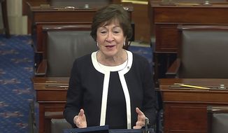 In this image from video, Sen. Susan Collins, R-Maine, speaks after the Senate acquitted former President Donald Trump in his second impeachment trial in the Senate at the U.S. Capitol in Washington, Saturday, Feb. 13, 2021. Trump was accused of inciting the Jan. 6 attack on the U.S. Capitol, and the acquittal gives him a historic second victory in the court of impeachment. (Senate Television via AP)