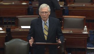 In this image from video, Senate Minority Leader Mitch McConnell of Ky., speaks after the Senate acquitted former President Donald Trump in his second impeachment trial in the Senate at the U.S. Capitol in Washington, Saturday, Feb. 13, 2021. Trump was accused of inciting the Jan. 6 attack on the U.S. Capitol, and the acquittal gives him a historic second victory in the court of impeachment. (Senate Television via AP)