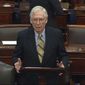 In this image from video, Senate Minority Leader Mitch McConnell of Ky., speaks after the Senate acquitted former President Donald Trump in his second impeachment trial in the Senate at the U.S. Capitol in Washington, Saturday, Feb. 13, 2021. Trump was accused of inciting the Jan. 6 attack on the U.S. Capitol, and the acquittal gives him a historic second victory in the court of impeachment. (Senate Television via AP)