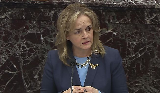 In this image from video, House impeachment manager Rep. Madeleine Dean, D-Pa., speaks during closing arguments in the second impeachment trial of former President Donald Trump in the Senate at the U.S. Capitol in Washington, Saturday, Feb. 13, 2021. (Senate Television via AP) ** FILE **