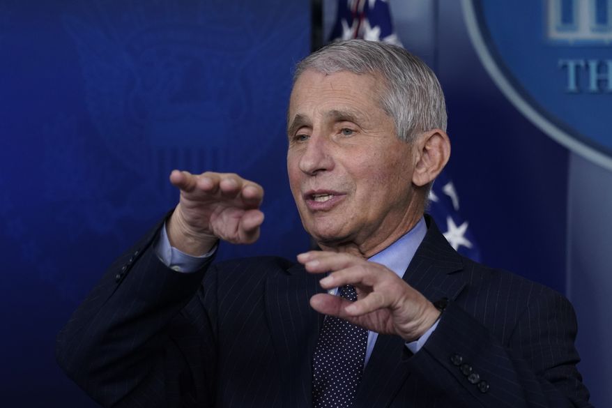 In this Jan. 21, 2021, file photo, Dr. Anthony Fauci, director of the National Institute of Allergy and Infectious Diseases, speaks with reporters at the White House, in Washington. (AP Photo/Alex Brandon, File)