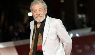 FILE - In this Nov. 1, 2017 file photo, actor Ian McKellen poses on the red carpet at the 12th edition of the Rome Film Festival.  In an open letter from actors’ union Equity, Tuesday Feb. 16, 2021, more than 100 U.K. performers including Ian McKellen, are warning that the U.K. culture sector faces irreparable damage unless artists can tour the European Union without visas.(AP Photo/Andrew Medichini, File)