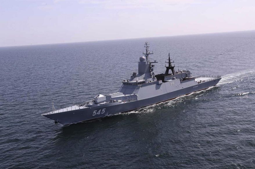 In this photo released Tuesday, Feb. 16, 2021, by the Iranian army, a Russian warship enters Iranian waters for a joint naval exercise with the Iranian navy and Iran's Revolutionary Guard navy. Iranian and Russian militaries have kicked off a joint naval drill in the Indian Ocean aimed at boosting security of maritime trade in the region, Iran's state TV reported on Tuesday. (Iranian Army via AP) ** FILE **