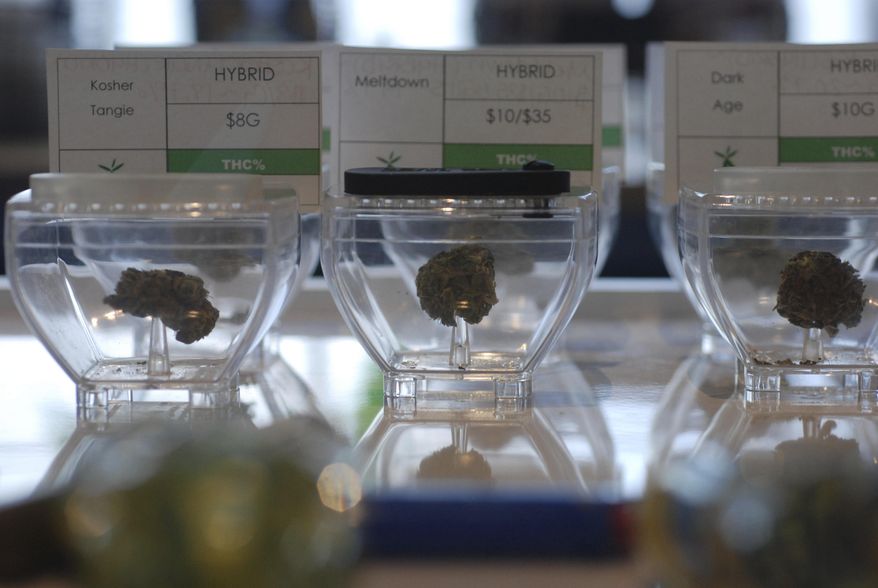 FILE - In this June 11, 2019 file photo Medical marijuana flowers await customers at the Minerva cannabis dispensary in Santa Fe, N.M. A panel of doctors and other health care professionals is recommending increasing the amount of marijuana that can be purchased by participants in New Mexico's medical cannabis program. The advisory board voted Monday, Nov. 16, 2020, in favor of nearly doubling the limit to 15 ounces over 90 days. (AP Photo/Morgan Lee,File)