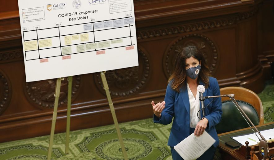 FILE - In this May 11, 2020, file photo, Assemblywoman Cottie Petrie-Norris speaks during an oversight hearing in Sacramento, Calif. Some Democrats in the California state Legislature have introduced a bill that would rescind some temporary tax increases for life sciences companies that are working on developing vaccines and treatments for COVID-19. Last year, lawmakers agreed to raise taxes on some businesses to help close a projected $54.3 billion budget deficit. (AP Photo/Rich Pedroncelli, File)